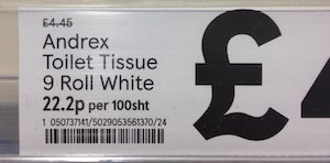 Price tag for toilet roll, reading "22.2p per 100sht"