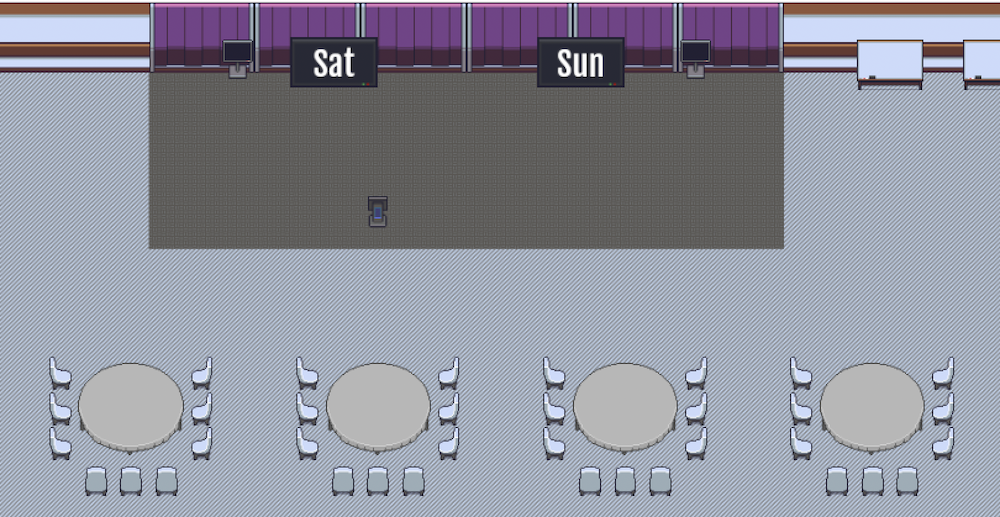 Screenshot of the Virtual Knighton Suite. Tables and chairs arragned in front of a stage, with screens labelled "Sat" and "Sun"